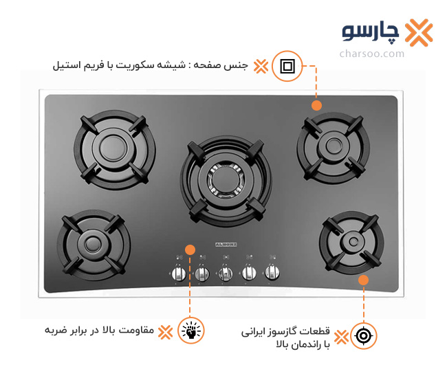 اجاق گاز صفحه ای شیشه‌ای استیل البرز مدل G 5954S