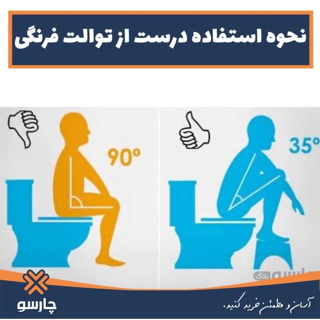 🔸
اکثر افراد هنگام استفاده از این توالت طبق عادت همیشگی نشستن روی سایر سطوح مثل صندلی و … با زاویه ۹۰ درجه می‌نشینند.
‌
این نوع نشستن دفع مدفوع را سخت کرده و به مرور زمان باعث بیماری‌هایی مثل سندروم روده تحریک‌پذیر می‌شود. 
‌
بهترین حالت این است که زاویه‌ی تند در حدود ۳۵ تا ۴۰ درجه برای نشستن داشته باشید. 
‌
در واقع باید کمی به جلو خم شوید.
اگر در این حالت نشستن احساس ناراحتی داشتید می‌توانید یک چهارپایه زیر پایتان قرار دهید.
‌
💻Charsoo.com
‌
‌
‌#چارسو #توالت_فرنگی #خرید_اینترنتی_توالت_فرنگی #انواع_توالت_فرنگی #نحوه_نشستن_صحیح #استفاده_از_توالت_فرنگی #خرید_آنلاین_لوازم_خانه