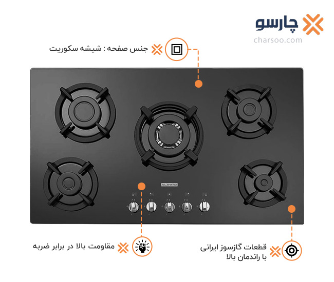 اجاق گاز صفحه ای شیشه‌ای استیل البرز مدل G 5954 با قطعات ایرانی - چارسو