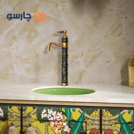 شیر روشویی پایه بلند کسری مدل توکیو مشکی طلایی