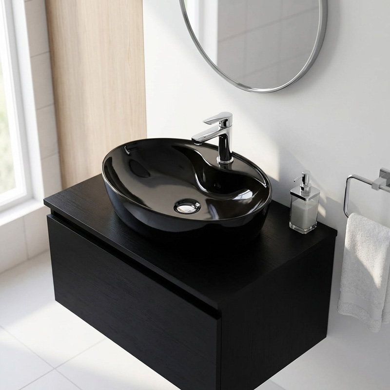 روشویی روکابینتی گاتریا مدل هما بیضی شیر سرخود مشکی